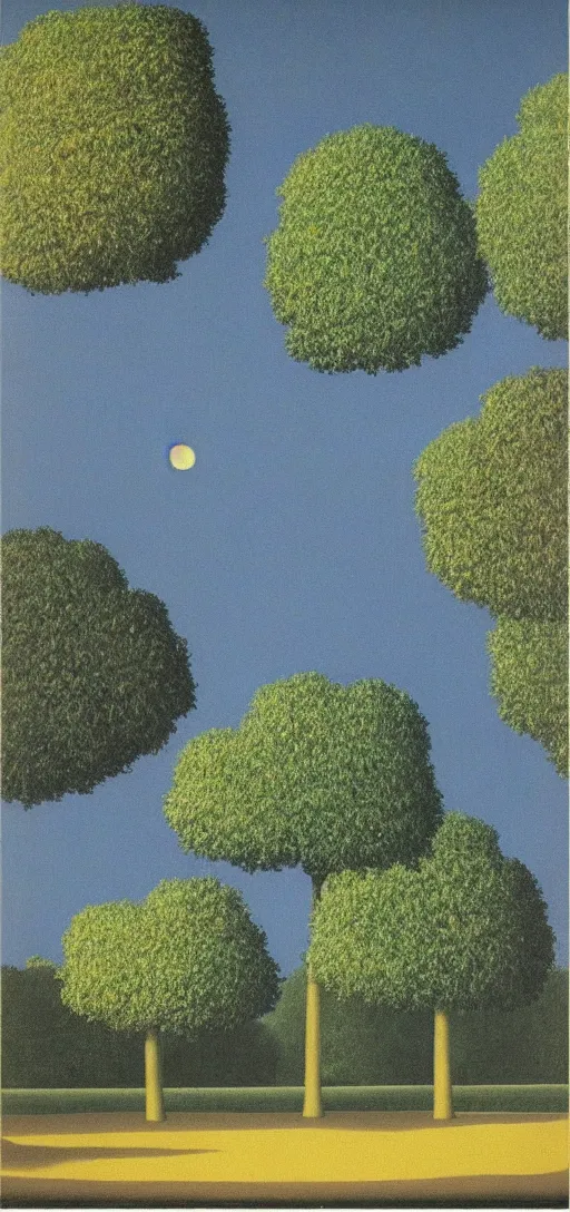 Image similar to Park on an Autumn night by Rene Magritte. Long surreal shadows. Blue.