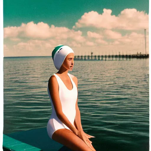 Image similar to a film photography of a woman slender, wearing a mint green one-piece swimsuit, wearing a white bathing cap, sitting on a wooden dock, low angle far shot, side profile parallel to camera, Kodak Portra 800, Kodak film photography, light film grain