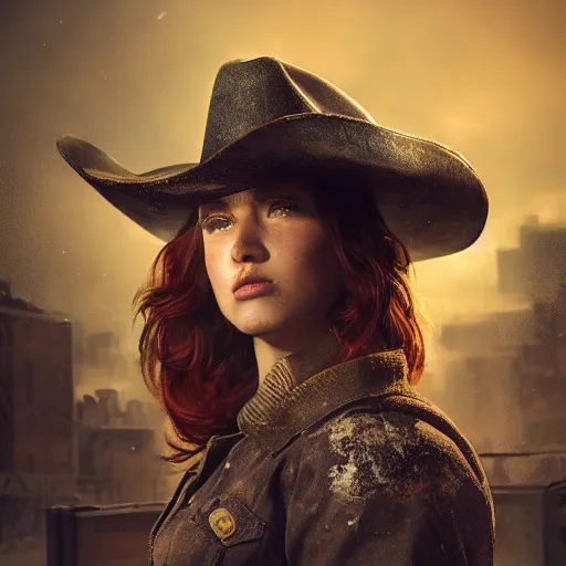 Image similar to fallout 5, charismatic beautiful, rugged, brunette female protagonist wearing a cowboy - hat, portrait, outdoors ruined cityscape, atmospheric lighting, painted, intricate, volumetric lighting, beautiful, daytime, harsh winter weather, sharp focus, cold, deep colours, ultra detailed, by leesha hannigan, ross tran, thierry doizon, kai carpenter, ignacio fernandez rios