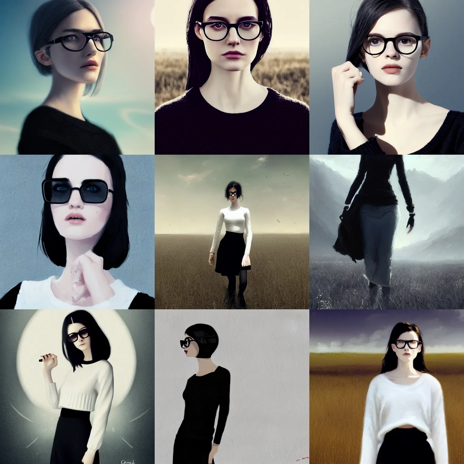 Prompt: cute girl in black sweater white pale hair black glasses standing field background by greg rutkowski key art feminine