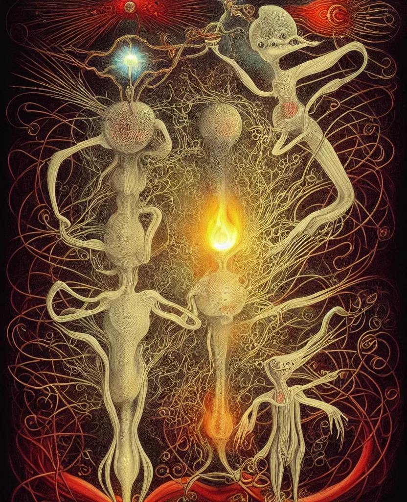 Image similar to whimsical freaky creature sings a unique canto about'as above so below'being ignited by the spirit of haeckel and robert fludd, breakthrough is iminent, glory be to the magic within, painted by ronny khalil