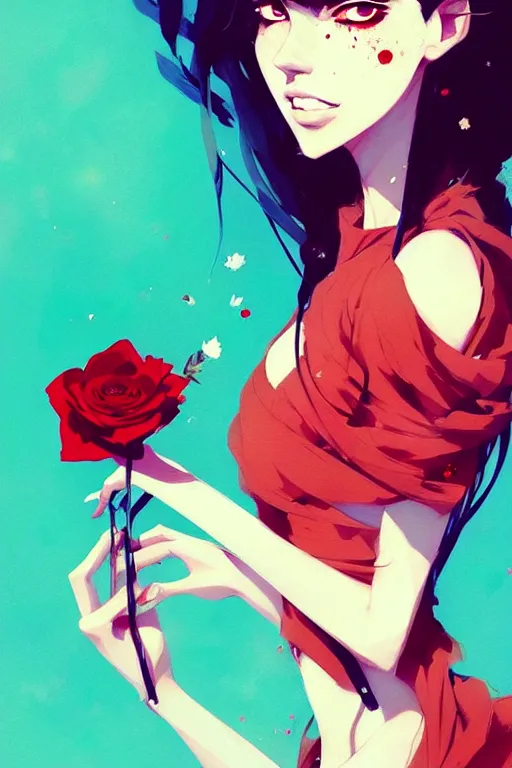 Image similar to a ultradetailed beautiful panting of a stylish woman holding a rose, by conrad roset, greg rutkowski and makoto shinkai, trending on artstation