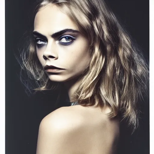 Prompt: photo of a gorgeous 20-year-old Cara Delevingne 1975 hairstyle by Mario Testino, detailed, head shot, award winning, Sony a7R -