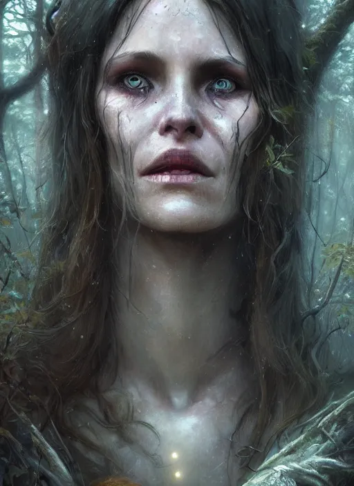 Image similar to close - up face portrait of a beautiful skinny woman crying as witch in front of the full big moon in a fantasy forest, by james gurney, greg rutkowski, highly detailed digital art, artstation