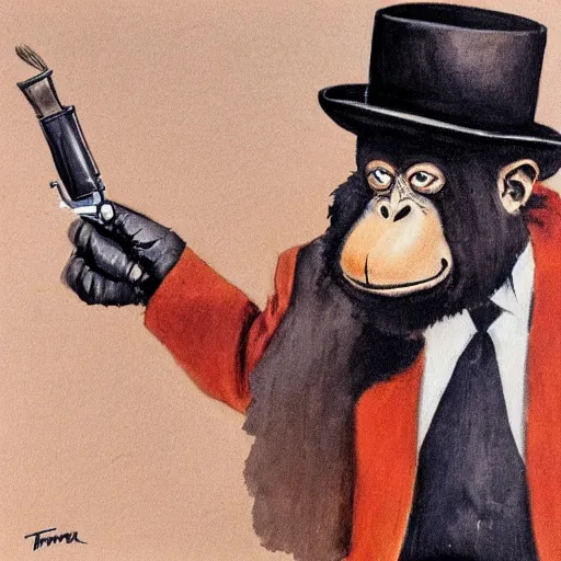 Image similar to orangutan in mafia suit with bowler hat and tommy gun smoking a cigar, dark street scene at night