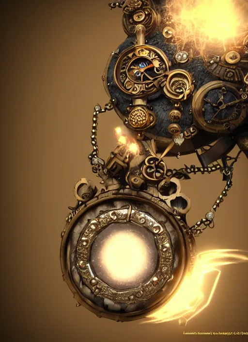 Image similar to amazing steampunk amulet with diamond jewel and small steam tubes, volumetric lightning, octane render, 4 k, hd, realistic reflections, extremely high detailed, trending on artstation