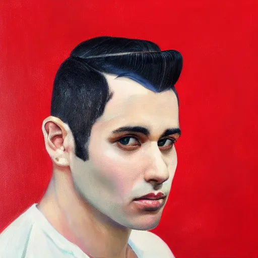 Image similar to a man with short black hair and shaved sides looks over his shoulder into the camera, oil painting, red background, album cover