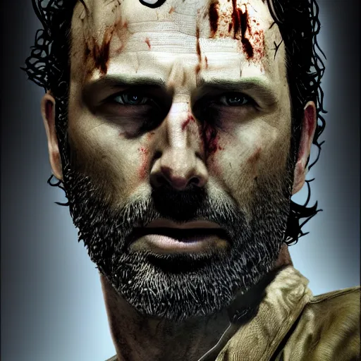 Image similar to rick grimes, the walking dead, zombie, head and shoulders shot, fantasy, medieval, vivid colors, elegant, concept art, sharp focus, digital art, Hyper-realistic, 4K, Unreal Engine, Highly Detailed, HD, Dramatic Lighting by Brom, trending on Artstation