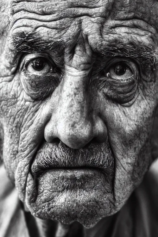 Prompt: a hyper realistic close up portrait of an old man with a solemn look and deep expression in his eyes, oil on canvas, highly detailed, strong lighting, cinematic, HD, 4K