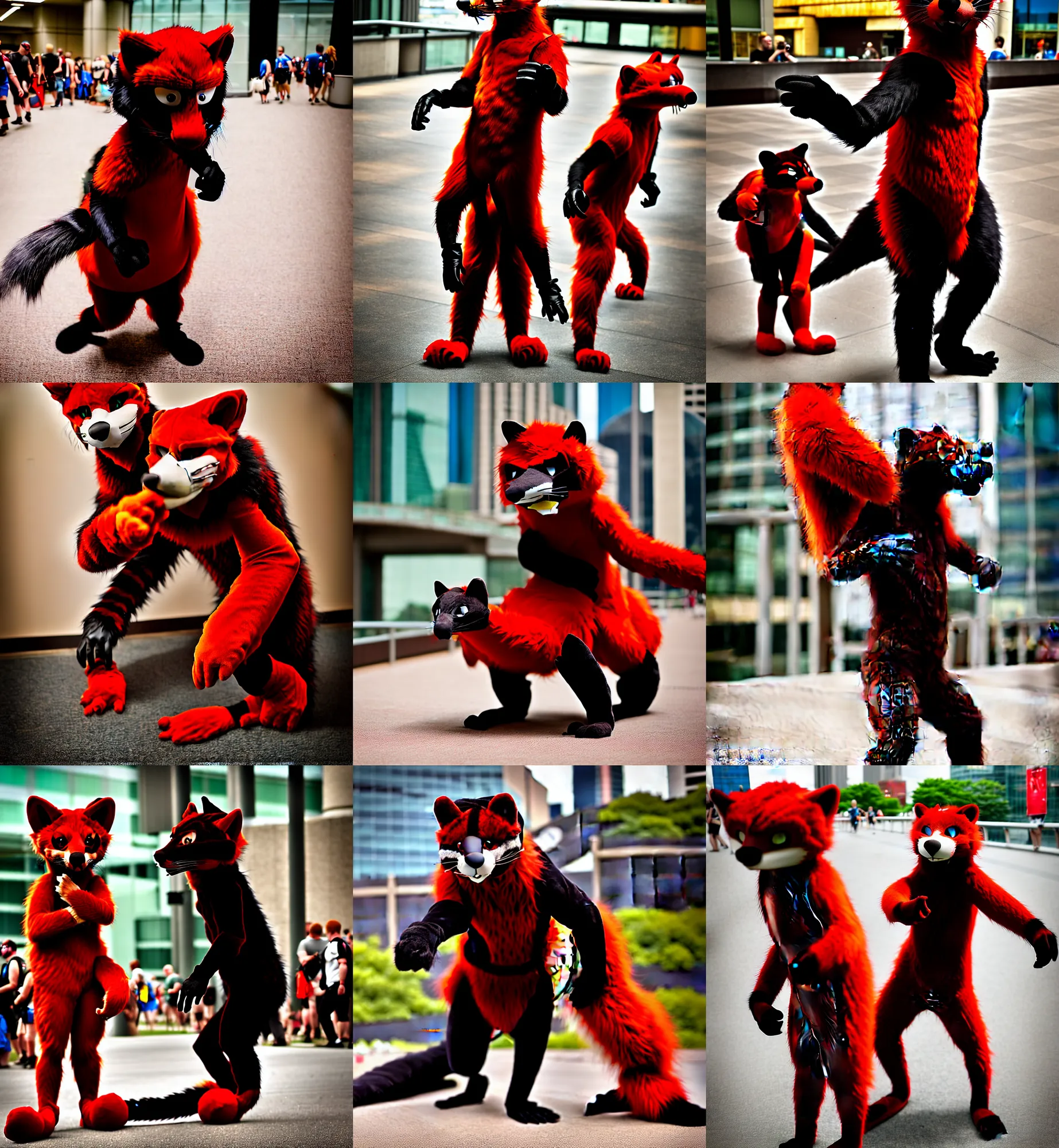 Prompt: fullbody photoshoot photo portrait of a roguish male red - black furred weasel furry fursuiter ( with tail ), taken at anthrocon ( furry convention )