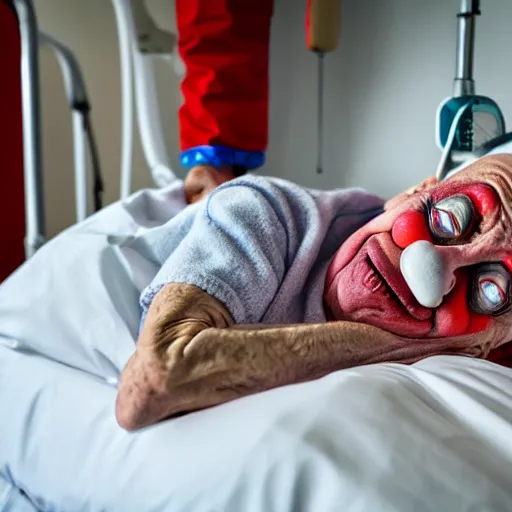 Prompt: crazy elderly clown supine in hospital bed, strapped into bed with restraints, trying to get out but unsuccessful, photograph, 8 k