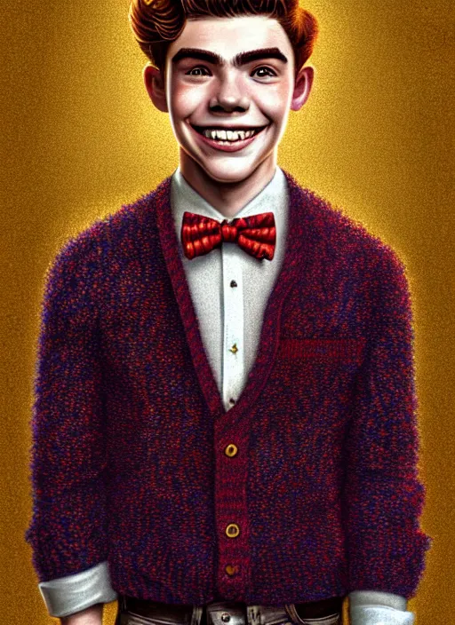 Image similar to portrait of teenage archie andrews, freckles, curly middle part haircut, curly hair, middle part hairstyle, smiling kindly, wearing a bowtie and sweater vest, intricate, elegant, glowing lights, highly detailed, digital painting, artstation, concept art, smooth, sharp focus, illustration, art by wlop, mars ravelo and greg rutkowski