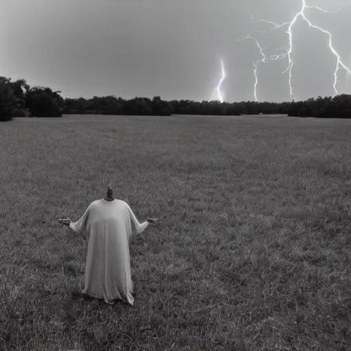 Image similar to scary unproportionally tall disfigured ghost creature in the middle of an old battlefield, thunderstorm, 35mm picture