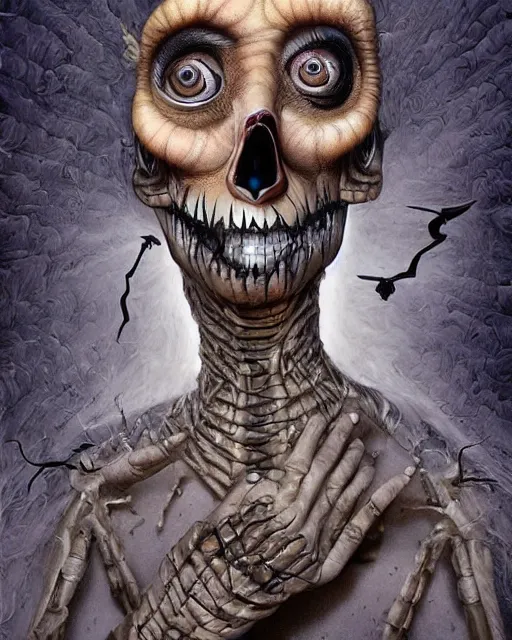 Image similar to halloween mummy themed surrealist art in the styles of igor morski, jim warren, and a tim burton film, intricate, hyperrealistic, accurate facial details, volumetric lighting