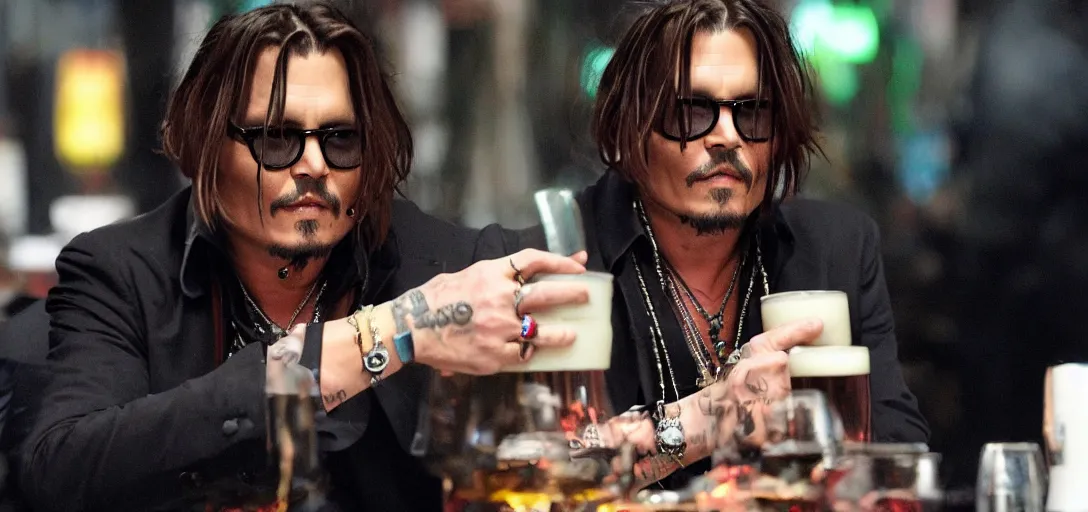 Image similar to johnny depp sipping a mega pint of red wine, cyberpunk