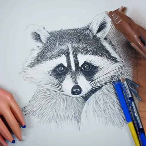 Image similar to a photorealistic raccoon drawing blueprints for a building