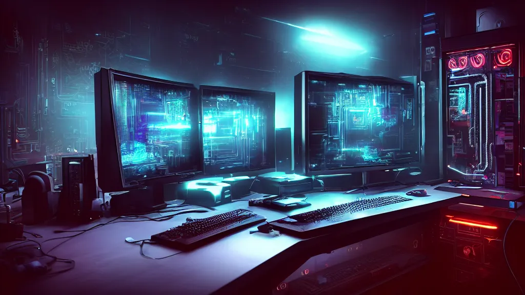 Image similar to a cyberpunk overpowered computer. Overclocking, watercooling, custom computer, cyber, mat black metal, alienware, Cyborg R.A.T 7, futuristic design, desktop computer, desk, home office, whole room, minimalist, Beautiful dramatic dark moody tones and lighting, orange neon, Ultra realistic details, cinematic atmosphere, studio lighting, shadows, dark background, dimmed lights, industrial architecture, Octane render, realistic 3D, photorealistic rendering, 8K, 4K, computer setup, highly detailed