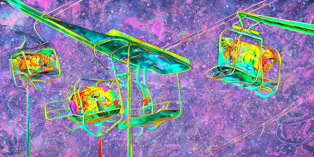 Prompt: psychedelic ski resort chair lift, angler fish inspired, vibrant colors, concept art, photo realistic