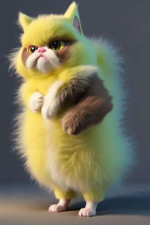 Image similar to high quality 3 d render hyperrealist very cute multipastel fluffy! grumpy griffin cat hybrid with fluffy wings!, vray smooth, in the style of detective pikachu, hannah yata charlie immer, dramatic yellow light, low angle, uhd 8 k, sharp focus