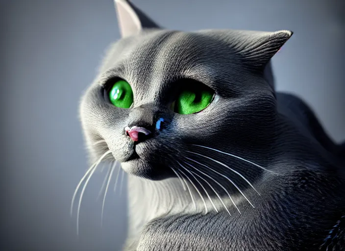 Image similar to hyperrealism, detailed textures, photorealistic 3 d render, a beautiful grey coloured cat with medium hair length, one million lave rivers, sharp focus, ultra realistic, ultra high pixel detail, cinematic, intricate, cinematic light, concept art, illustration, art station, unreal engine 8 k