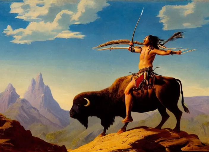 Image similar to native american riding bison, buffalo, native american warrior, mountain range, beautiful sky, standing on the edge of a cliff, 1 9 th century, painted by frazetta