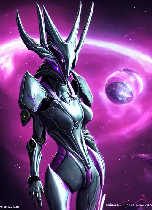 Image similar to cinematic goddess close shot, galactic sized proportional stunning beautiful hot female warframe, sleek mecha female dragon head, metal ears, led purple eyes, smooth fuschia skin, smooth silver armor, floating in space, holding a galaxy, epic proportions, epic size, epic scale, furry art, dragon art, giantess art, warframe fanart, furaffinity, octane