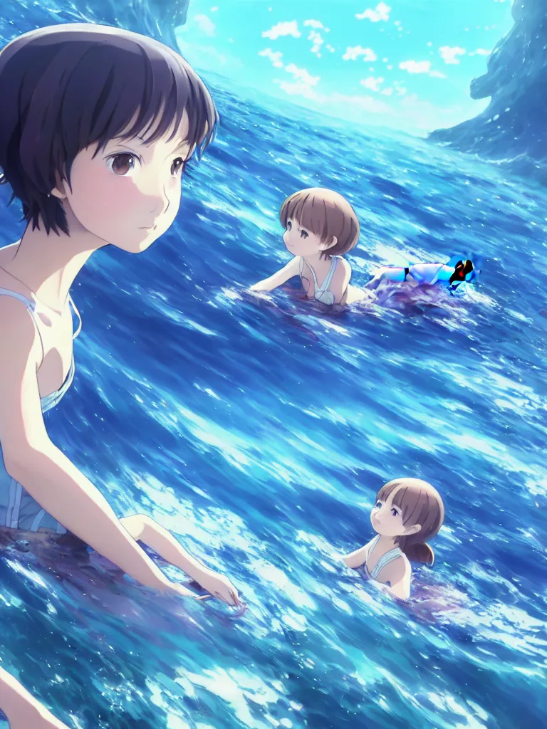 Image similar to a panorama view under the water, anime art full body portrait character concept art, hyper detailed cg rendering of a cute girl and whale, anime key visual of children of the sea, finely detailed perfect face, style of raphael lacoste, makoto shinkai, violet evergarden, studio ghibli, james jean, hayao miyazaki, extremely high quality artwork