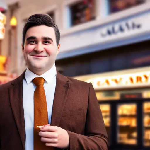 Image similar to Close up portrait of a clean-shaven chubby man wearing a brown suit and necktie with a bakery in the background. Photorealistic. Award winning. Dramatic lighting. Intricate details. UHD 8K. He looks very happy.