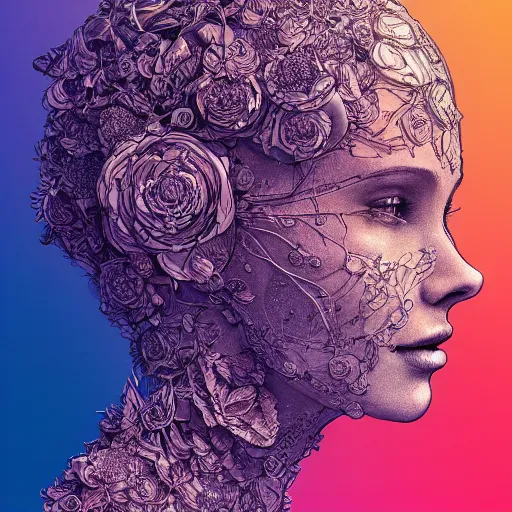 Prompt: the head of an incredibly elegant and beautiful woman partially made of potatoes and violets, an ultrafine detailed illustration by james jean, final fantasy, intricate linework, bright colors, behance contest winner, vanitas, angular, altermodern, unreal engine 5 highly rendered, global illumination, radiant light, detailed and intricate environment