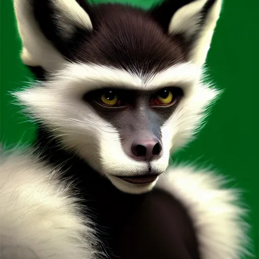 Image similar to fox as a monkey, fluffy white - fur, black - ears, stunning green - eyes, extremely long white - tail with black - tip, award winning creature portrait photography, extremely detailed, artstation, 8 k, sensual lighting, incredible art, wlop, artgerm