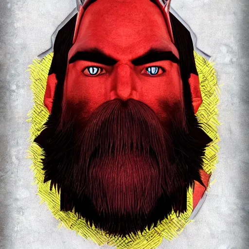 Image similar to dnd render of a man, red, a big black beard, golden eyes, 2 curved horns, one broken horn,