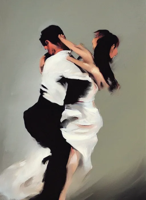 Image similar to sensual tango dancerin in white dress, painting by phil hale, fransico goya,'action lines '!!!, graphic style, visible brushstrokes, motion blur, blurry, visible paint texture, crisp hd image