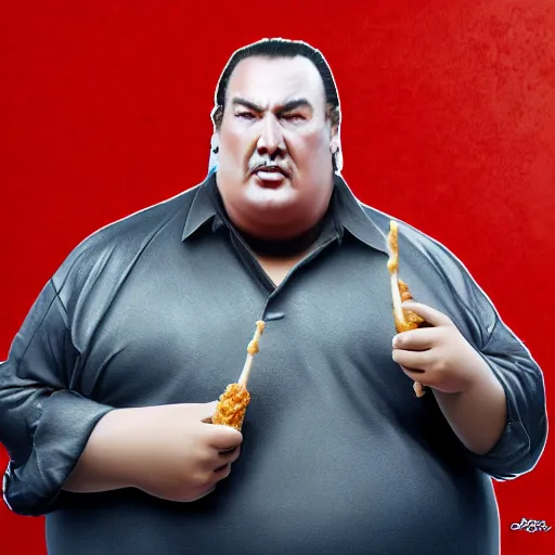 Prompt: an obese steven seagal holding a jelly donut in his left hand, and a fried chicken drumstick in his right hand, hyper realistic, studio quality, real photograph, high resolution