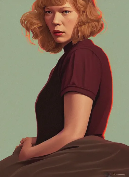 Image similar to twin peaks movie poster art, portrait of lea seydoux, from scene from twin peaks, clean, simple illustration, nostalgic, domestic, highly detailed, digital painting, artstation, concept art, smooth, sharp focus, illustration, artgerm, donato giancola, joseph christian leyendecker, wlop