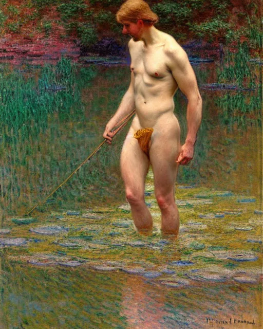 Image similar to attractive fisherman wading through a river, reflective water, painting by tom of finland, gaston bussiere, craig mullins, j. c. leyendecker, claude monet