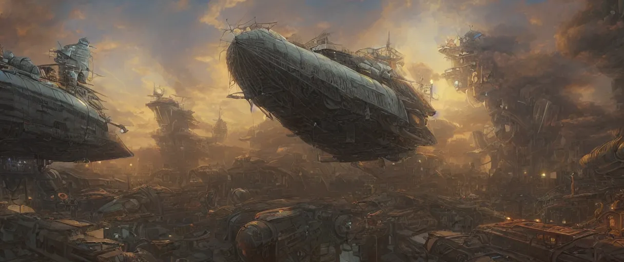 Prompt: a beautiful and detailed illustration of an airship port in a cloudpunk world by Jesper ejsing , cinematic atmosphere, establishing shot, viewed from below