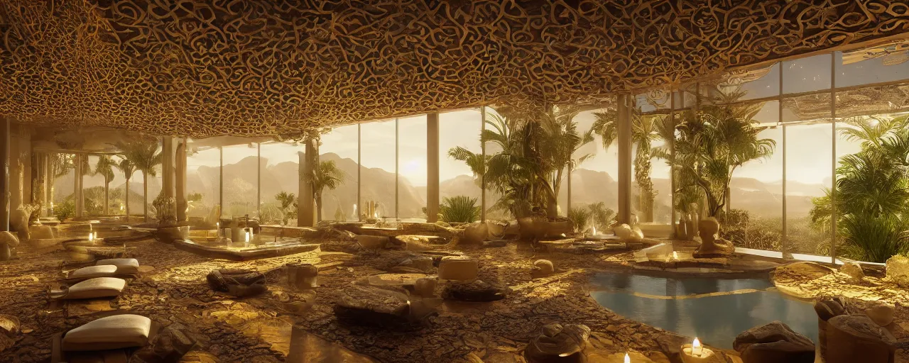 Image similar to surreal hyper luxury spa with intricate golden details with view to arid mountains and palm forest, god rays, candles, ultra detailed, photorealism, sharp focus, volumetric light, global illumination