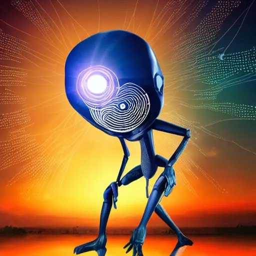 Image similar to a friendly alien embodying artificial intelligence creative entrepreneurship as the essence of a sunrise vivid iconic