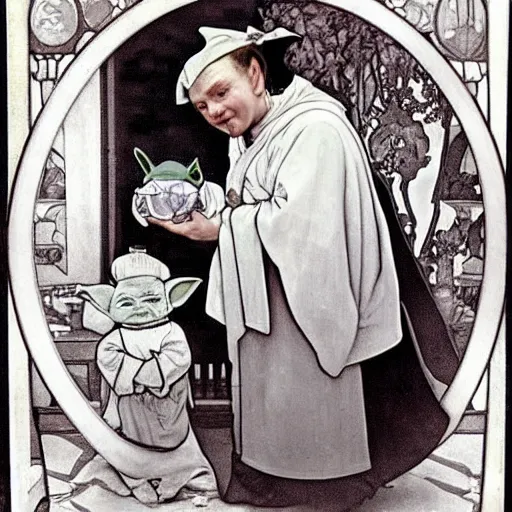 Image similar to baby yoda as a chef wearing a white apron and wearing a white chef's hat, by Jan van Eyck, by alphonse mucha