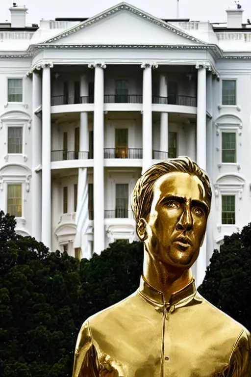 Prompt: A beautiful polished gold statue of Nicholas Cage in front of the White House, photo by Steve McCurry