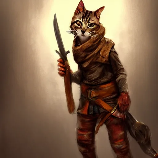 Prompt: humanoid homeless cat wearing rags and holding a sword, concept art, d & d, fantasy, trending on artstation, high quality, vivid