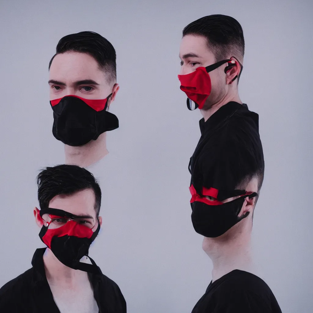 Prompt: a man in a black medical mask, dark hair undercut, red and blue rimlight, black background portrait