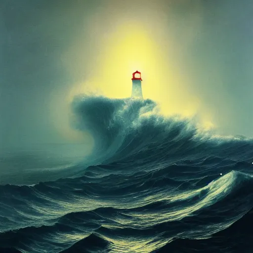 Image similar to 4k painting of a single lighthouse projecting light into a tumultuous ocean, huge waves,epic , trending on artstation, by WLOP and Rutkovsky, beksinski, intricate artwork by caravaggio, Unreal Engine 5, Lumen, Nanite , by Greg rutkowski, highly detailed , professionally post-processed , beautiful, scary, accurate features, epic, octane rendered, masterpiece, accurate