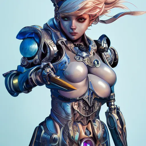 Image similar to studio portrait of lawful good colorful female holy mecha paladin absurdly beautiful, elegant, young sensual graceful woman, ultrafine hyperrealistic detailed face illustration by kim jung gi, irakli nadar, intricate linework, sharp focus, bright colors, matte, octopath traveler, final fantasy, unreal engine highly rendered, global illumination, radiant light, intricate environment