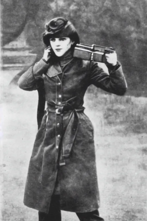 Image similar to photograph of soviet chekist comrade emma watson, standing in a long leather coat with mauser pistol, vintage revolution photograph, famous photo