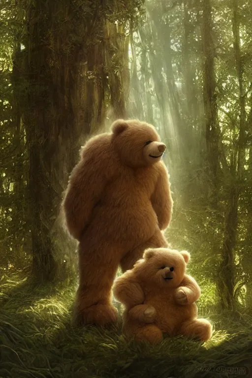 Image similar to mean fluffy teddybear protecting girl in a forest with rays of light coming through the canopy, masterpiece, dystopian, sci-fi, extremely detailed, digital painting, sculpted in zbrush, artstation, concept art, smooth, sharp focus, illustration, chiaroscuro lighting, golden ratio, incredible art, artgerm, greg rutkowski, alphonse mucha, simon stalenhag, carravaggio