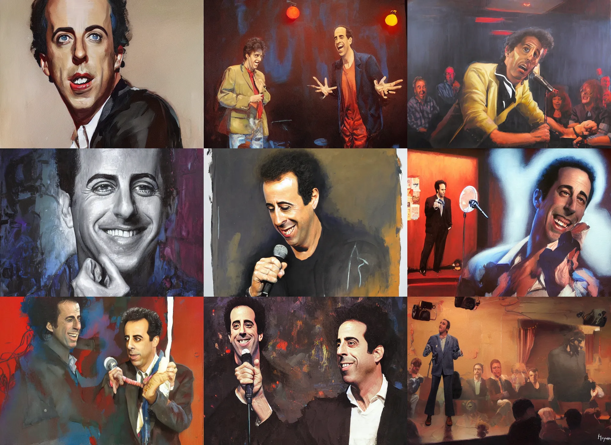 Prompt: a mixed media portrait painting of nineteen eighties jerry seinfeld on stage at a comedy club, hyperrealistic, detailed face, minimalist, by frank frazetta, greg rutkowski, christian macnevin, wlop, krenz cushart, epic fantasy character art, volumetric lighting, cgsociety, exquisite detail, masterpiece, cinematic