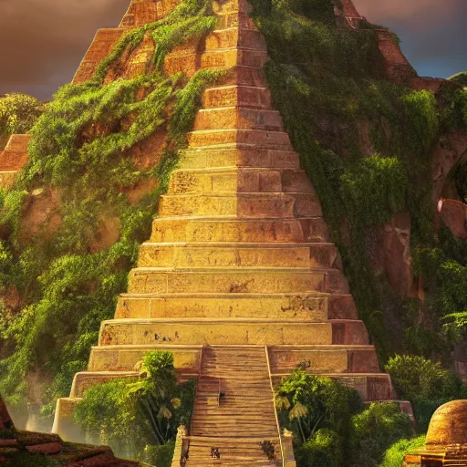 Image similar to magical ancient pyramid, gold, treasure, lara croft charater, realistic illustration, pyramid surrounded with greenery, illustrations, 3 d render, illustrated, incredible details, highly detailed, photorealistic, disney pixar, octane render, iridescent, anime, 8 k