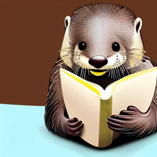 Prompt: a cute smiling otter reading a book at a desk, realistic