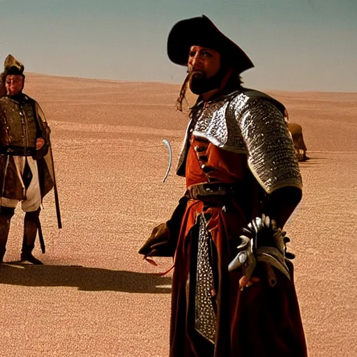 Prompt: a man dressed as a pirate and a knight in the desert, film still, cinematic composition